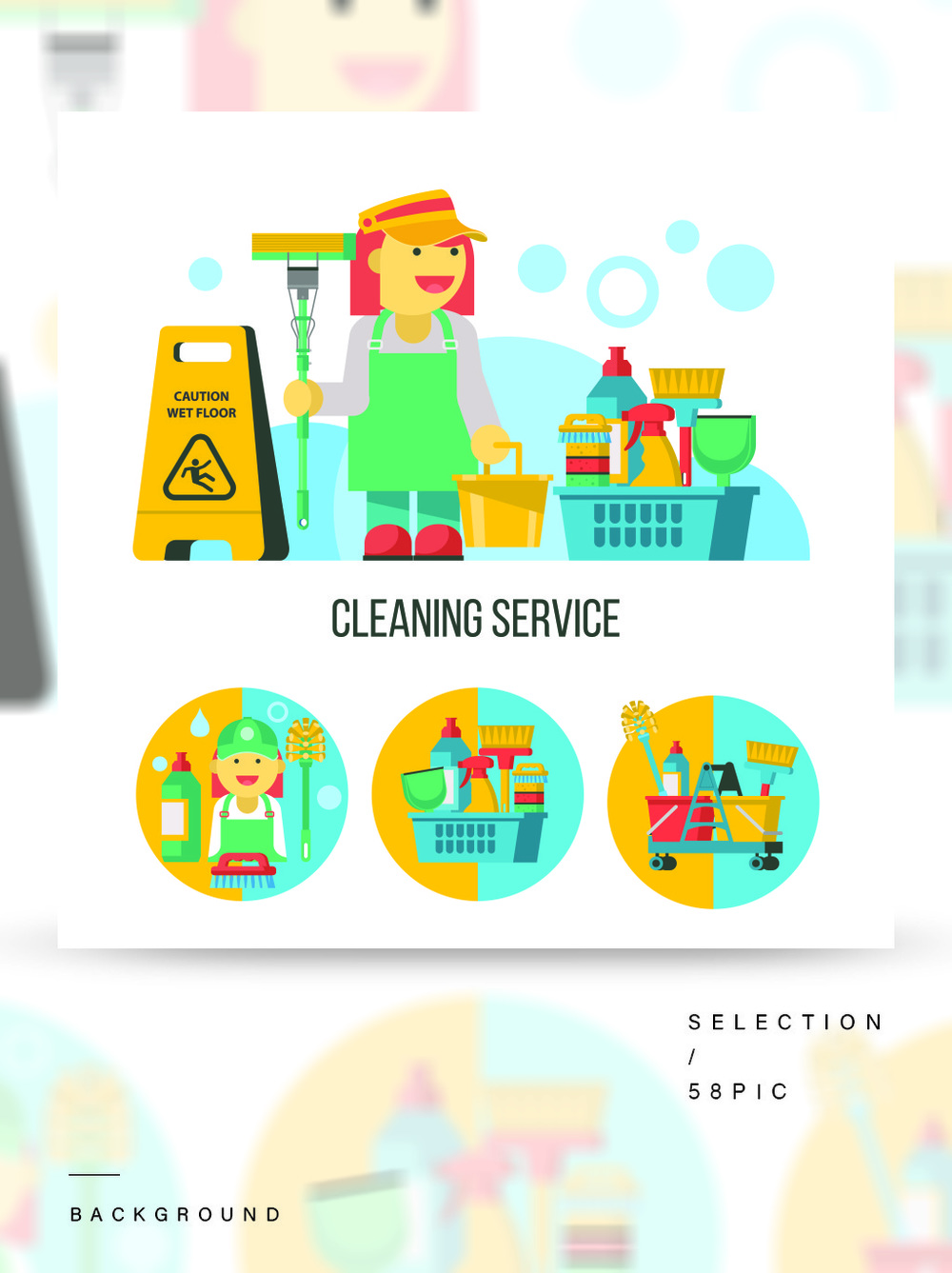 清潔服務平面矢量圖套標志徽標專業清潔場所套在白色背景隔絕的傳染媒介cliparts有拖把的清潔女工清潔產品濕地板標志